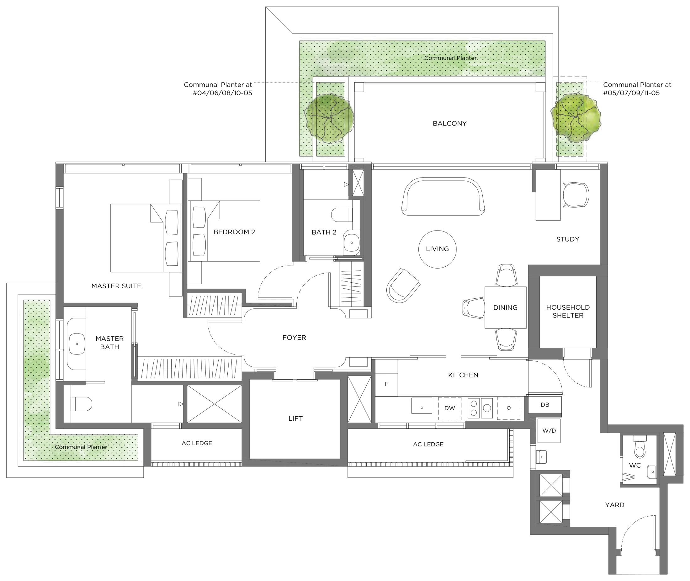 15 Holland Hill floor plan, type 2BR+S: 2-Bedroom + Study, 1,292 sq ft