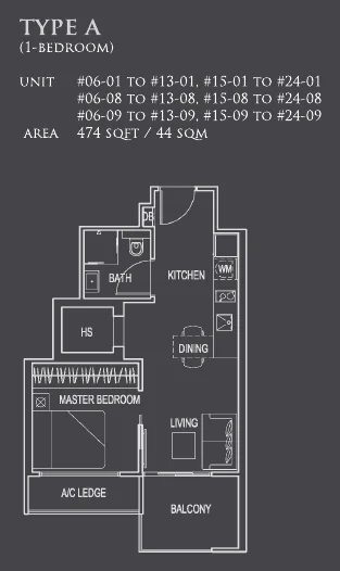 26 Newton floor plan, type A: 1-Bedroom, 474 sq ft