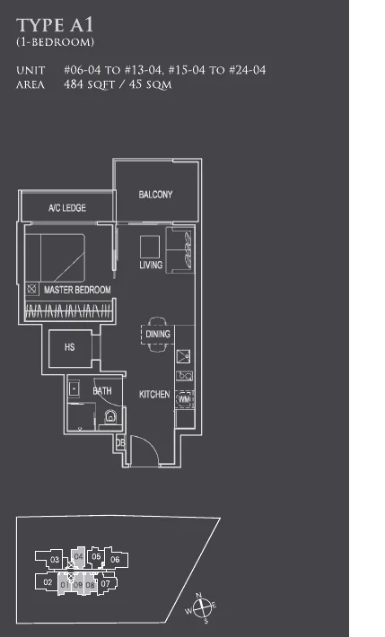 26 Newton floor plan, type A1: 1-Bedroom, 484 sq ft