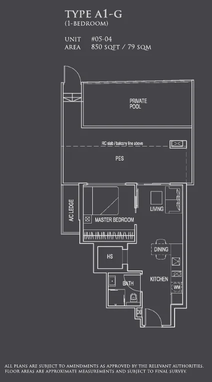 26 Newton floor plan, type A1-G: 1-Bedroom, 5th storey (PES, private pool or jacuzzi), 850 sq ft