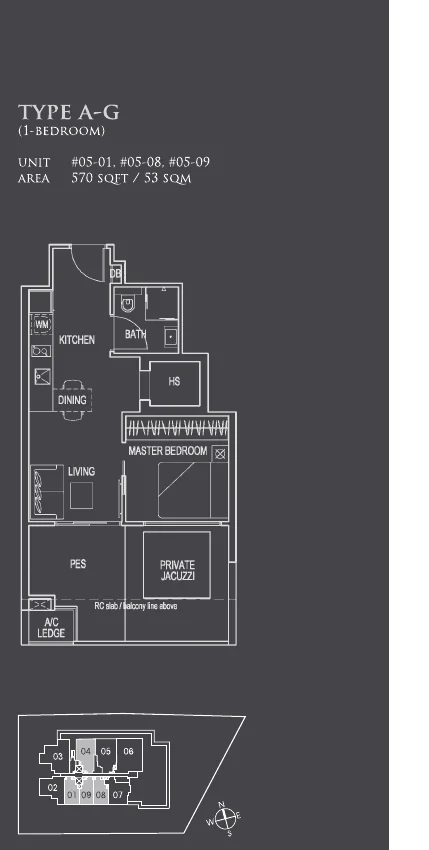 26 Newton floor plan, type A-G: 1-Bedroom, 5th storey (PES, private pool or jacuzzi), 570 sq ft