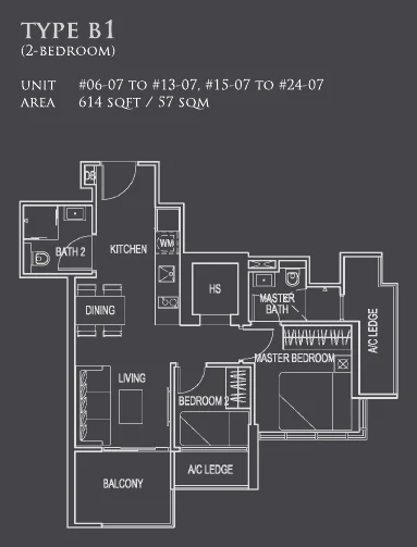 26 Newton floor plan, type B1: 2-Bedroom, 614 sq ft
