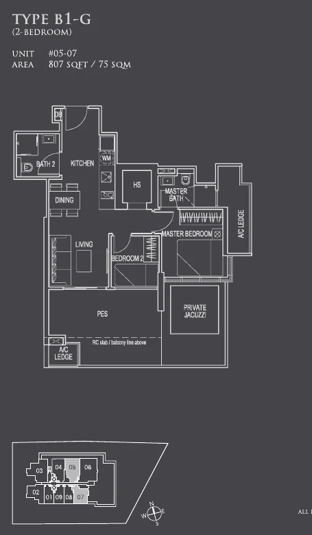 26 Newton floor plan, type B1-G: 2-Bedroom, 5th storey (PES, private pool or jacuzzi), 807 sq ft