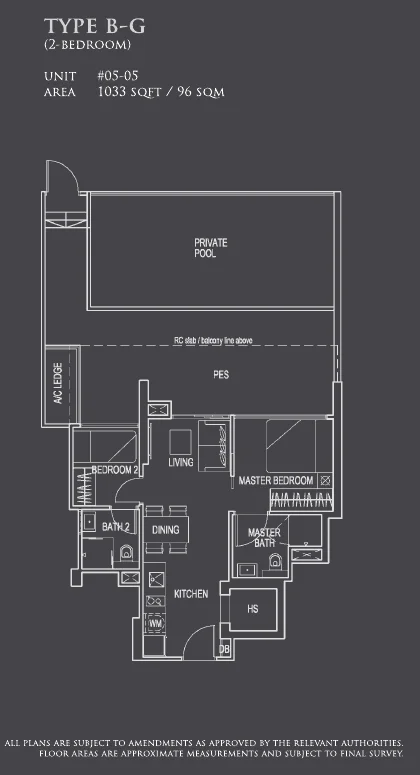26 Newton floor plan, type B-G: 2-Bedroom, 5th storey (PES, private pool or jacuzzi), 1,033 sq ft