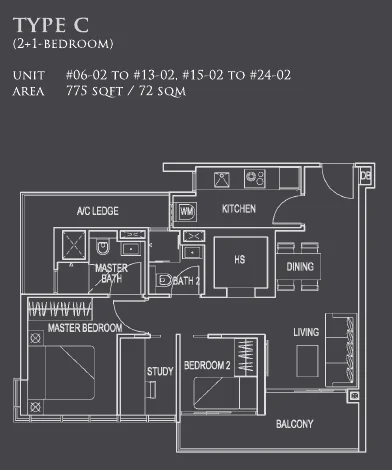 26 Newton floor plan, type C: 2+1-Bedroom, 775 sq ft