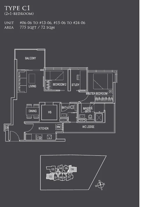 26 Newton floor plan, type C1: 2+1-Bedroom, 775 sq ft