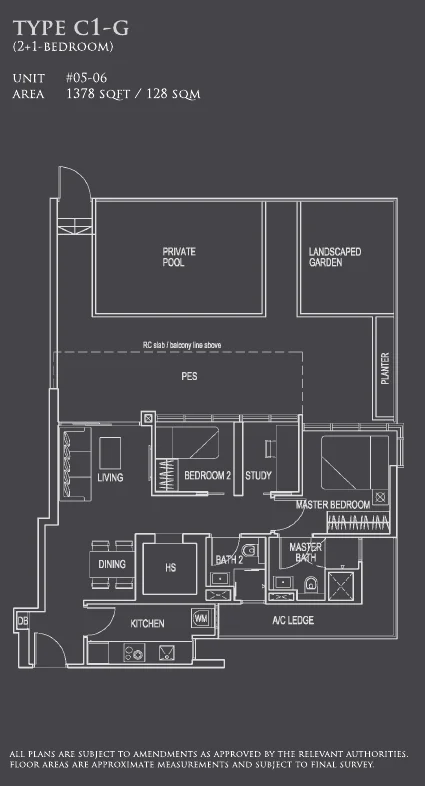 26 Newton floor plan, type C1-G: 2+1-Bedroom, 5th storey (PES, private pool or jacuzzi), 1,378 sq ft