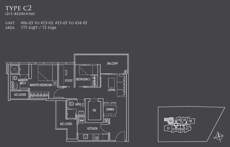 26 Newton floor plan, type C2: 2+1-Bedroom, 775 sq ft