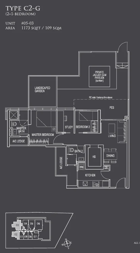 26 Newton floor plan, type C2-G: 2+1-Bedroom, 5th storey (PES, private pool or jacuzzi), 1,173 sq ft