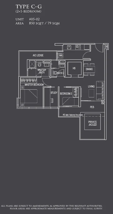 26 Newton floor plan, type C-G: 2+1-Bedroom, 5th storey (PES, private pool or jacuzzi), 850 sq ft