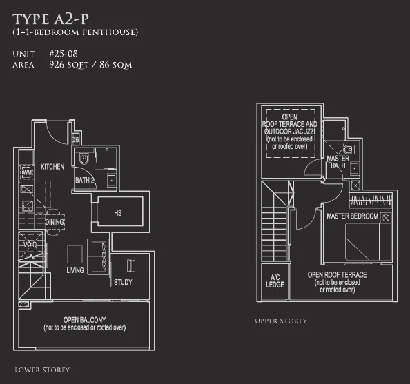 26 Newton floor plan, type A2-P: Penthouse (two levels), 926 sq ft