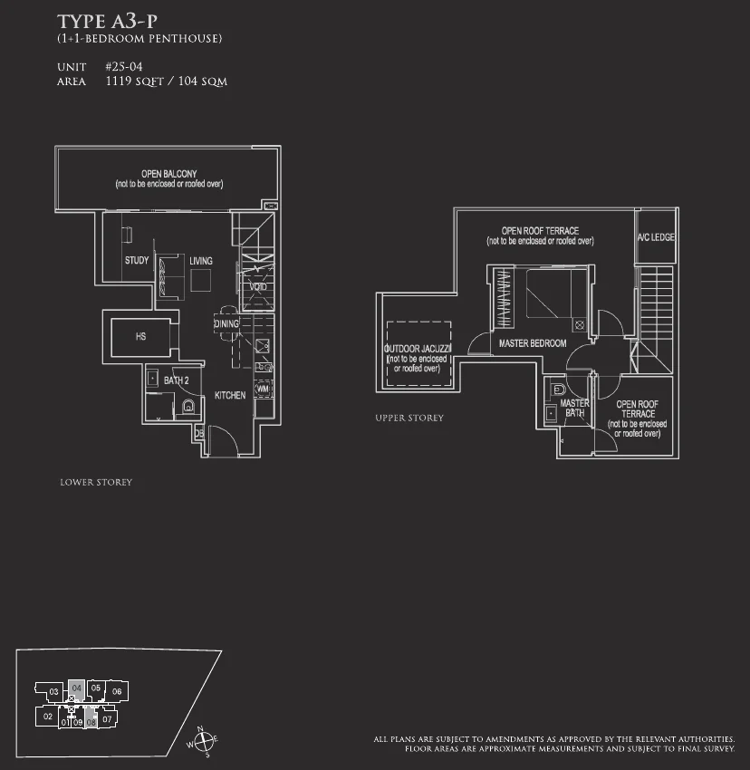 26 Newton floor plan, type A3-P: Penthouse (two levels), 1,119 sq ft