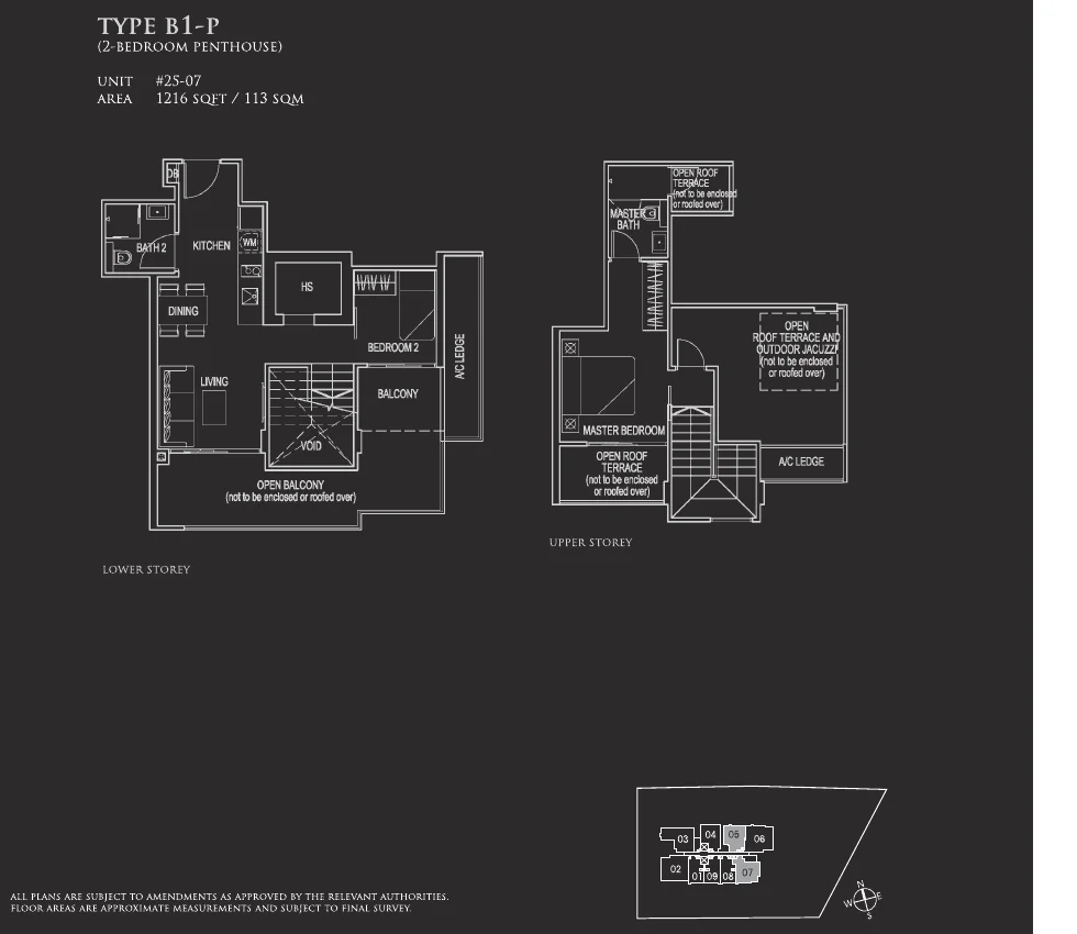 26 Newton floor plan, type B1-P: Penthouse (two levels), 1,216 sq ft
