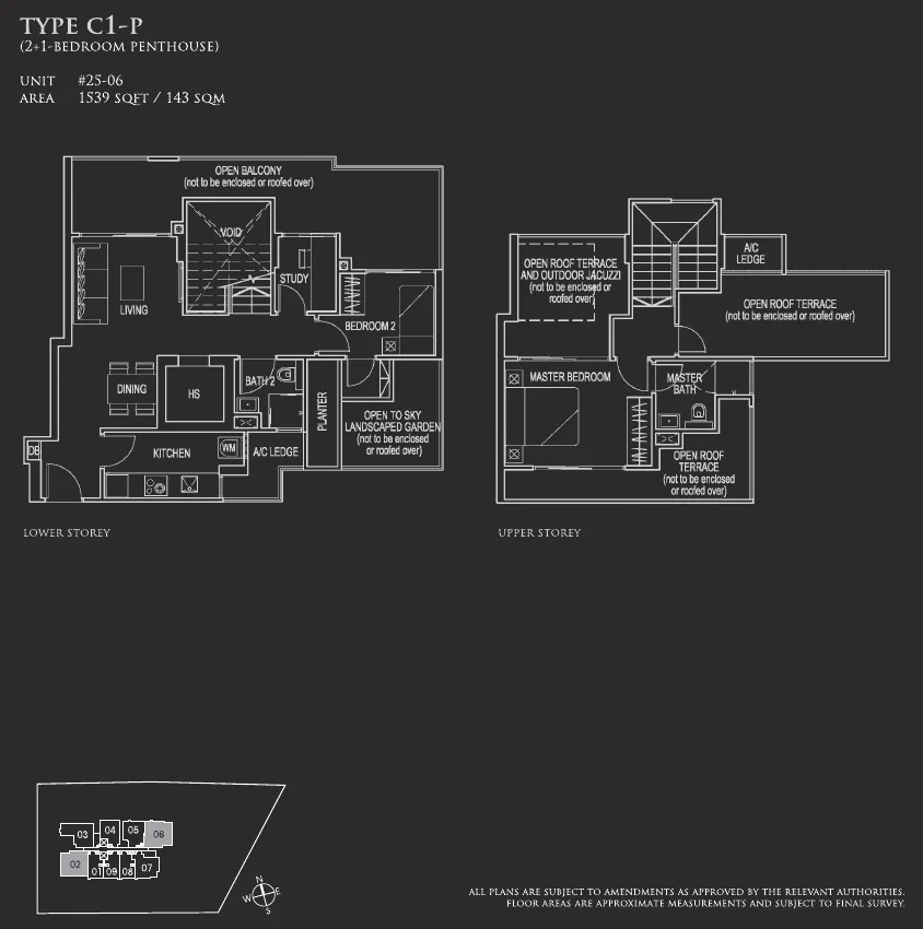 26 Newton floor plan, type C1-P: Penthouse (two levels), 1,539 sq ft
