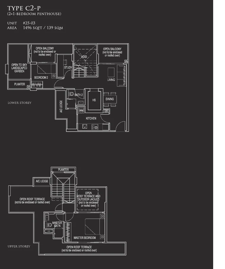 26 Newton floor plan, type C2-P: Penthouse (two levels), 1,496 sq ft