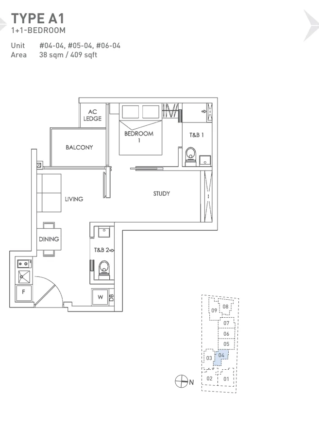 28 Imperial Residences floor plan, type A1: 1+1-Bedroom, 409 sq ft