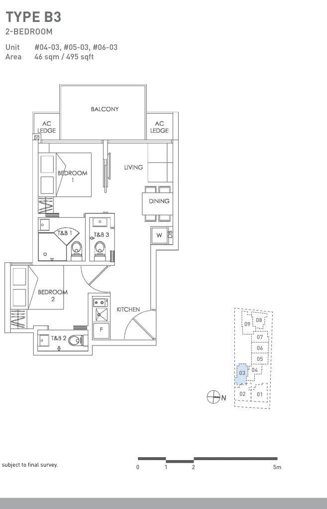 28 Imperial Residences floor plan, type B3: 2-Bedroom, 495 sq ft
