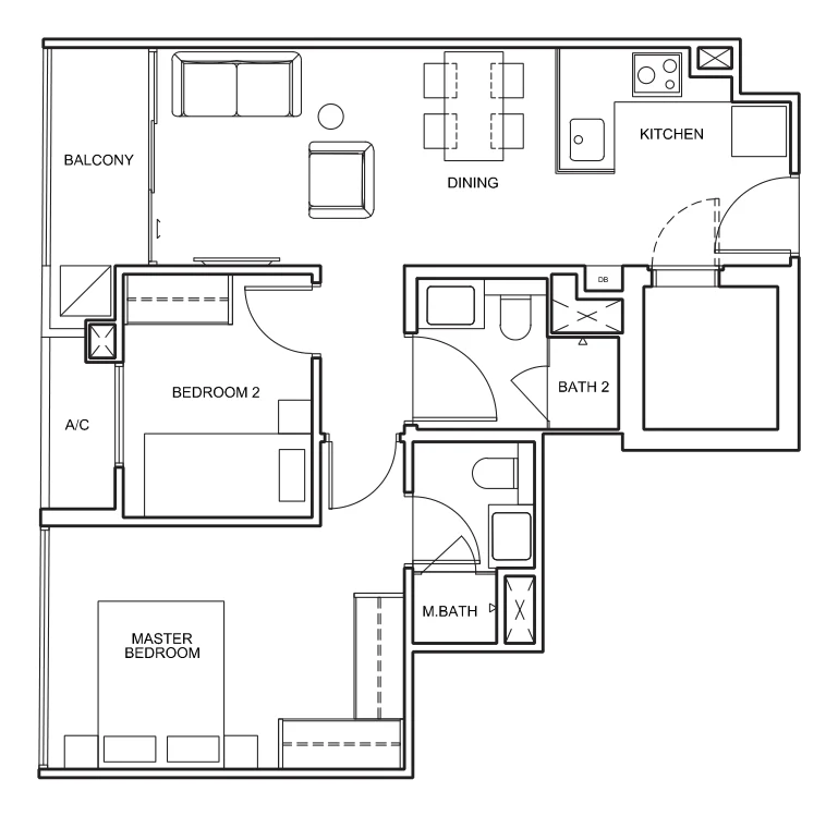 33 Residences floor plan, type A: 2-Bedroom, 678 sq ft