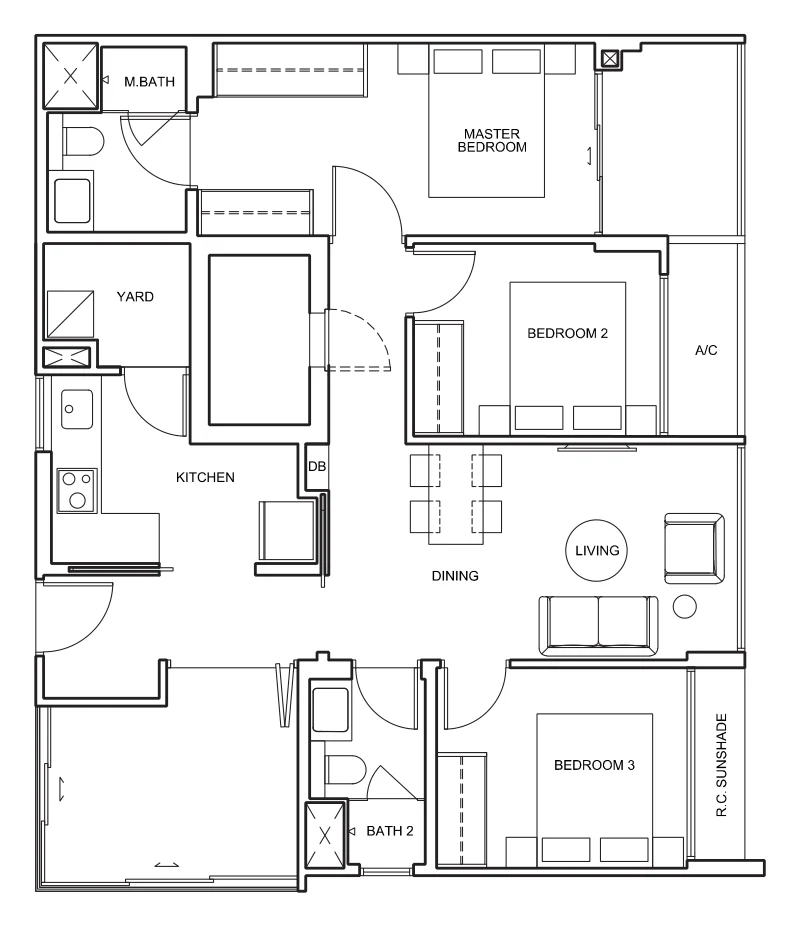 33 Residences floor plan, type EP: 3-Bedroom (penthouse), 1,033 sq ft