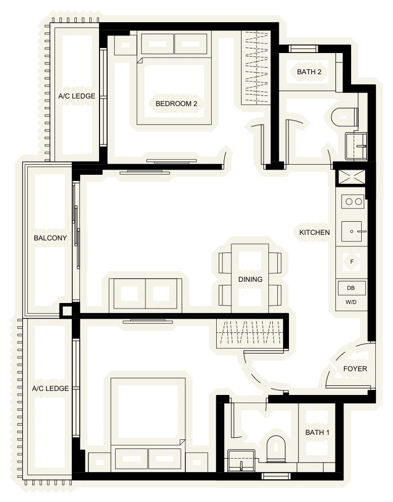 38 Jervois floor plan, type B: 2-Bedroom (two penthouses), 646 sq ft