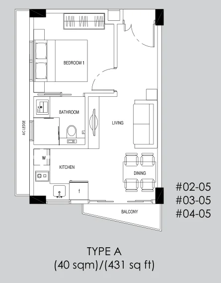 448 @ East Coast floor plan, type A: 1-Bedroom, 431 sq ft