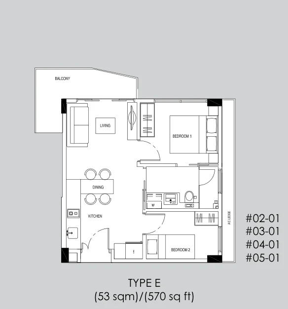448 @ East Coast floor plan, type E: 2-Bedroom, 570 sq ft