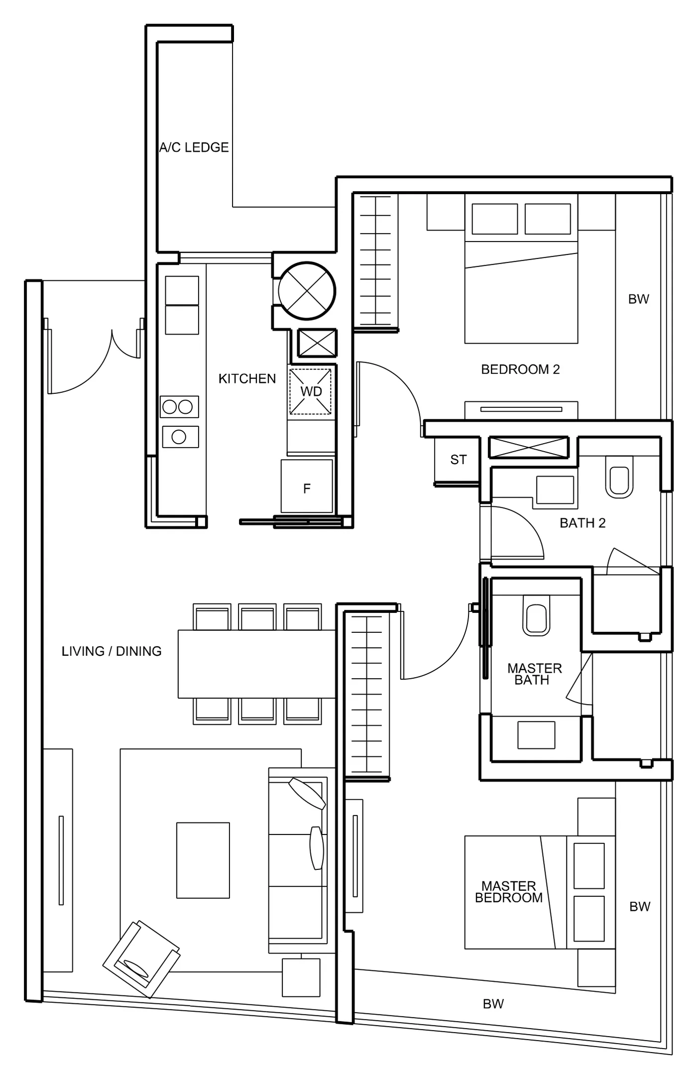76 Shenton floor plan, type B1: 2-Bedroom, 980 sq ft