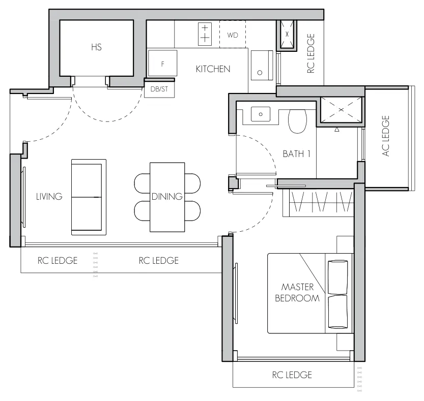 8@BT floor plan, type A1: 1-Bedroom, 517 sq ft