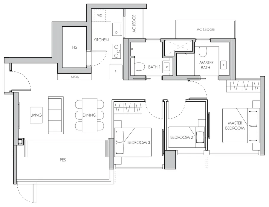 8@BT floor plan, type C1(p): 3-Bedroom, 1,023 sq ft