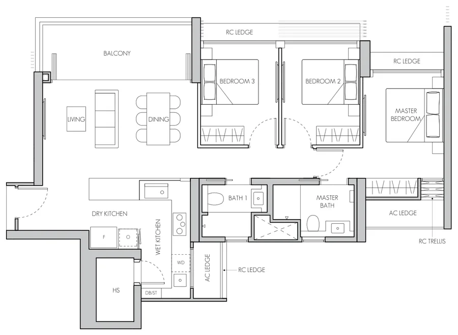 8@BT floor plan, type C3: 3-Bedroom, 1,163 sq ft