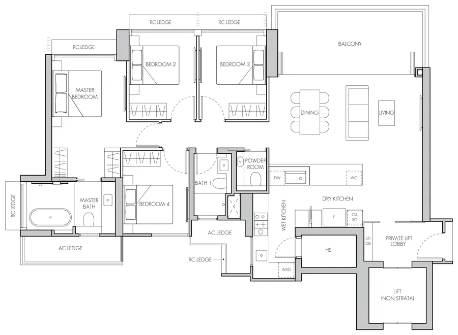 8@BT floor plan, type D2: 4-Bedroom, 1,593 sq ft