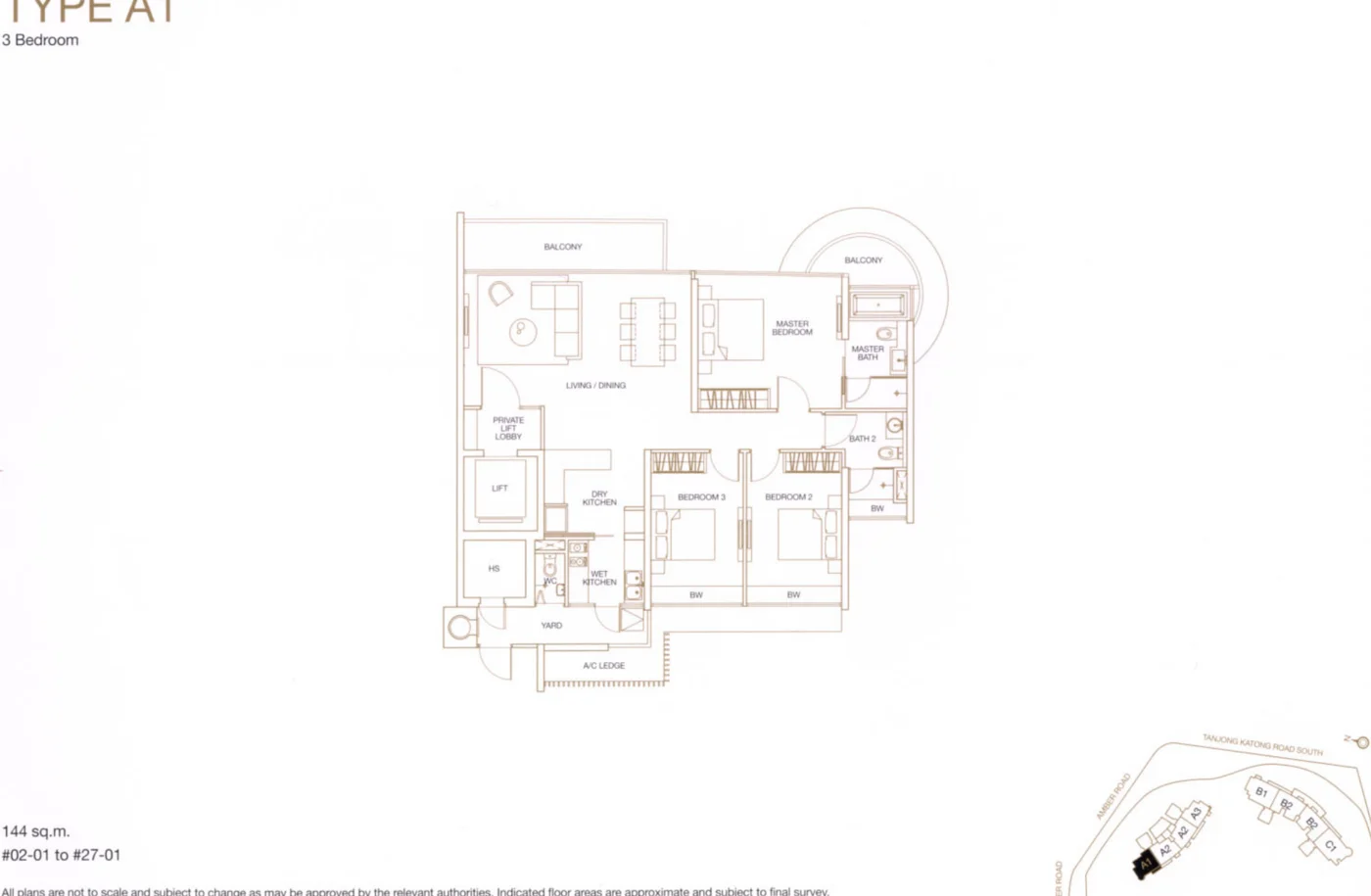 Aalto floor plan, type A1: 3-Bedroom, 1,550 sq ft
