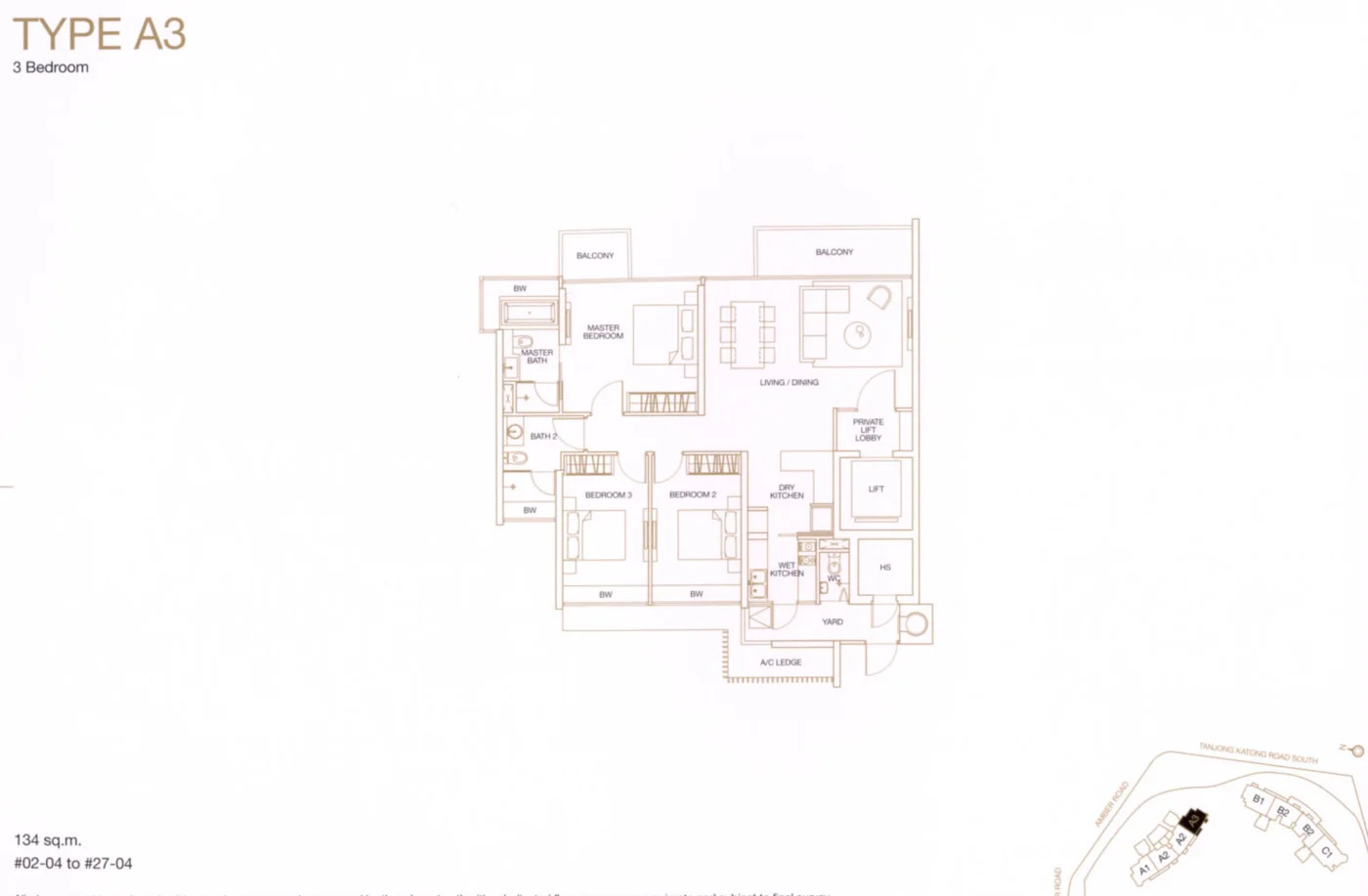 Aalto floor plan, type A3: 3-Bedroom, 1,442 sq ft