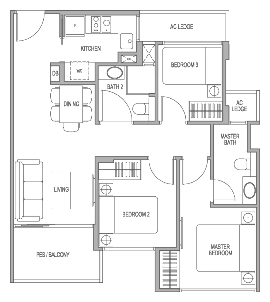 Adana @ Thomson floor plan, type B1: 3-Bedroom Compact, 721 sq ft