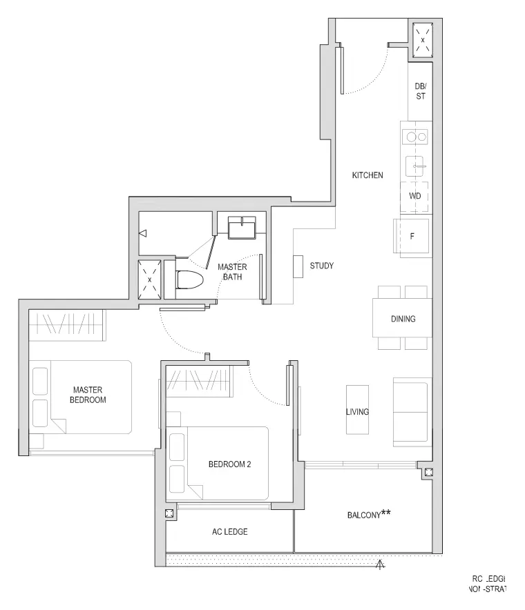 Affinity at Serangoon floor plan, type BS1: 2-Bedroom + Study, 624 sq ft