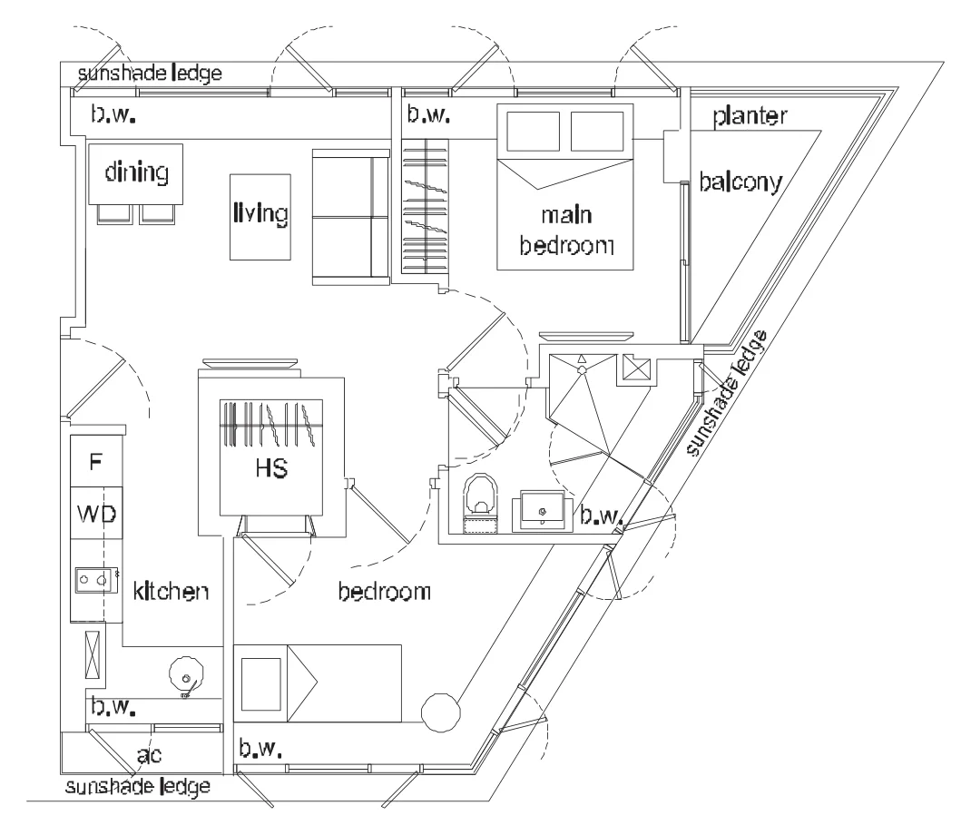 Airstream floor plan, type C2: 2-Bedroom, 624 sq ft