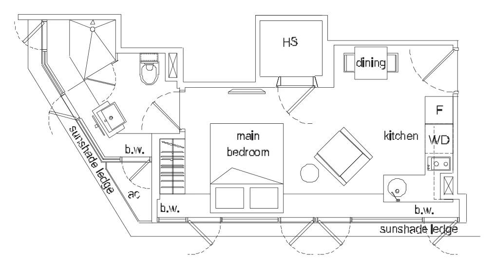 Airstream floor plan, type D1: Studio, 334 sq ft
