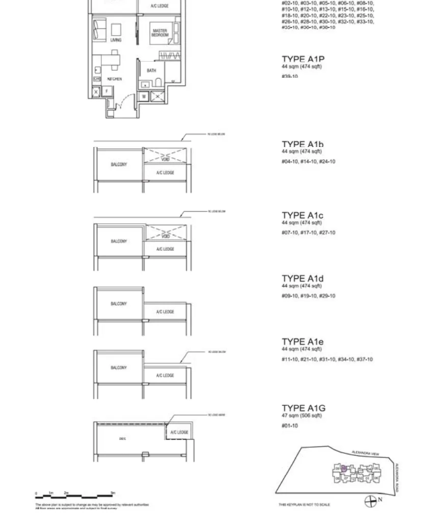 Alex Residences floor plan, type A1a-10: 1-Bedroom, 474 sq ft