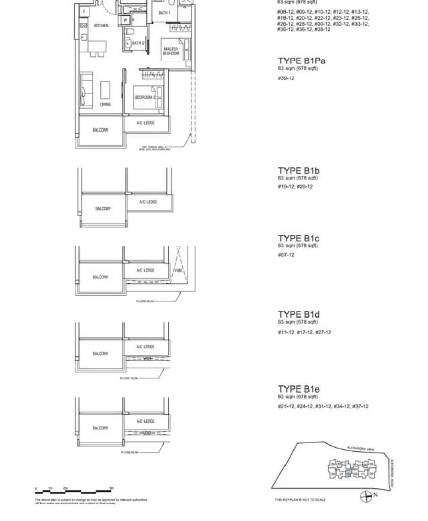Alex Residences floor plan, type B1a-12: 2-Bedroom, 678 sq ft