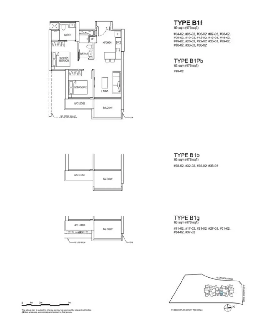 Alex Residences floor plan, type B1b-02: 2-Bedroom, 678 sq ft