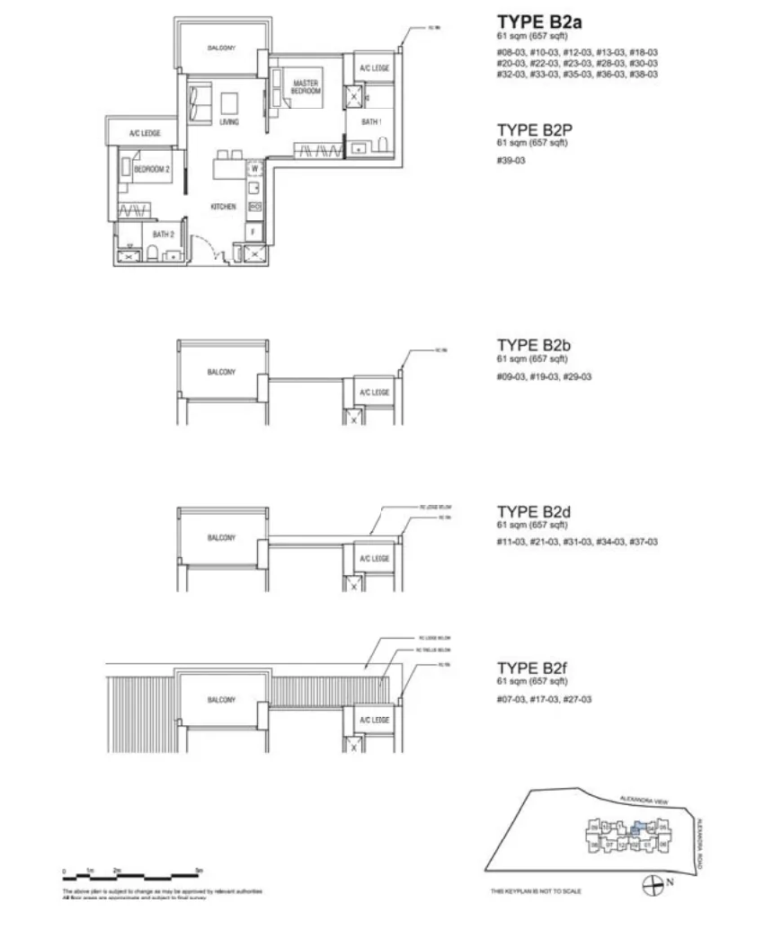 Alex Residences floor plan, type B2a-03: 2-Bedroom, 657 sq ft
