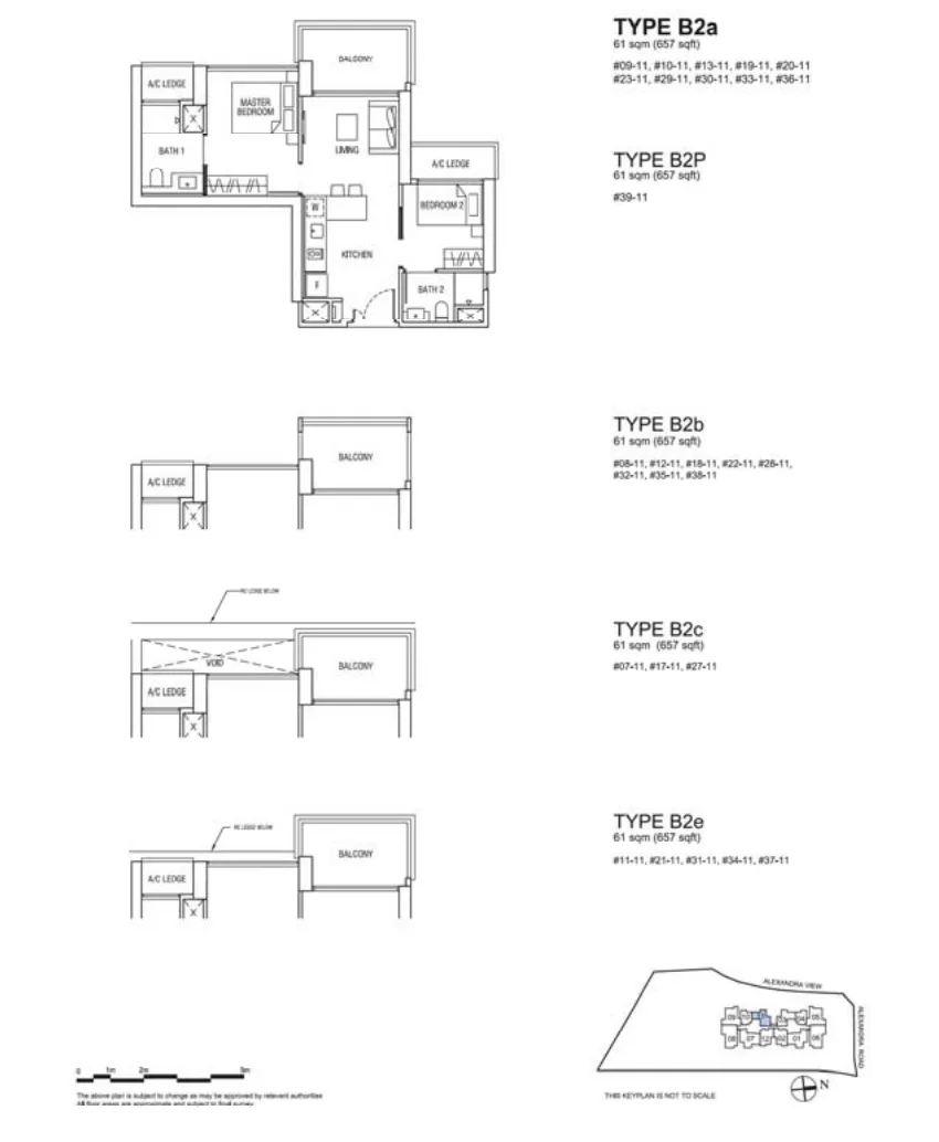 Alex Residences floor plan, type B2a-11: 2-Bedroom, 657 sq ft