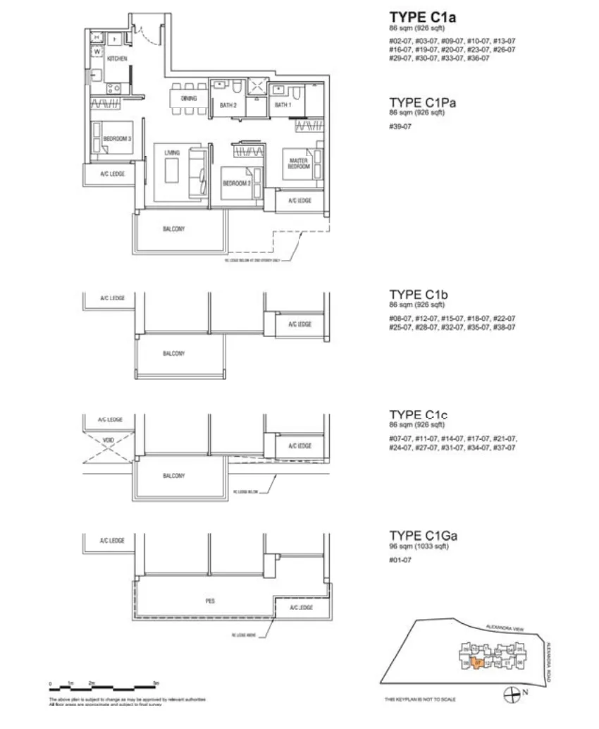 Alex Residences floor plan, type C1a-07: 3-Bedroom, 926 sq ft