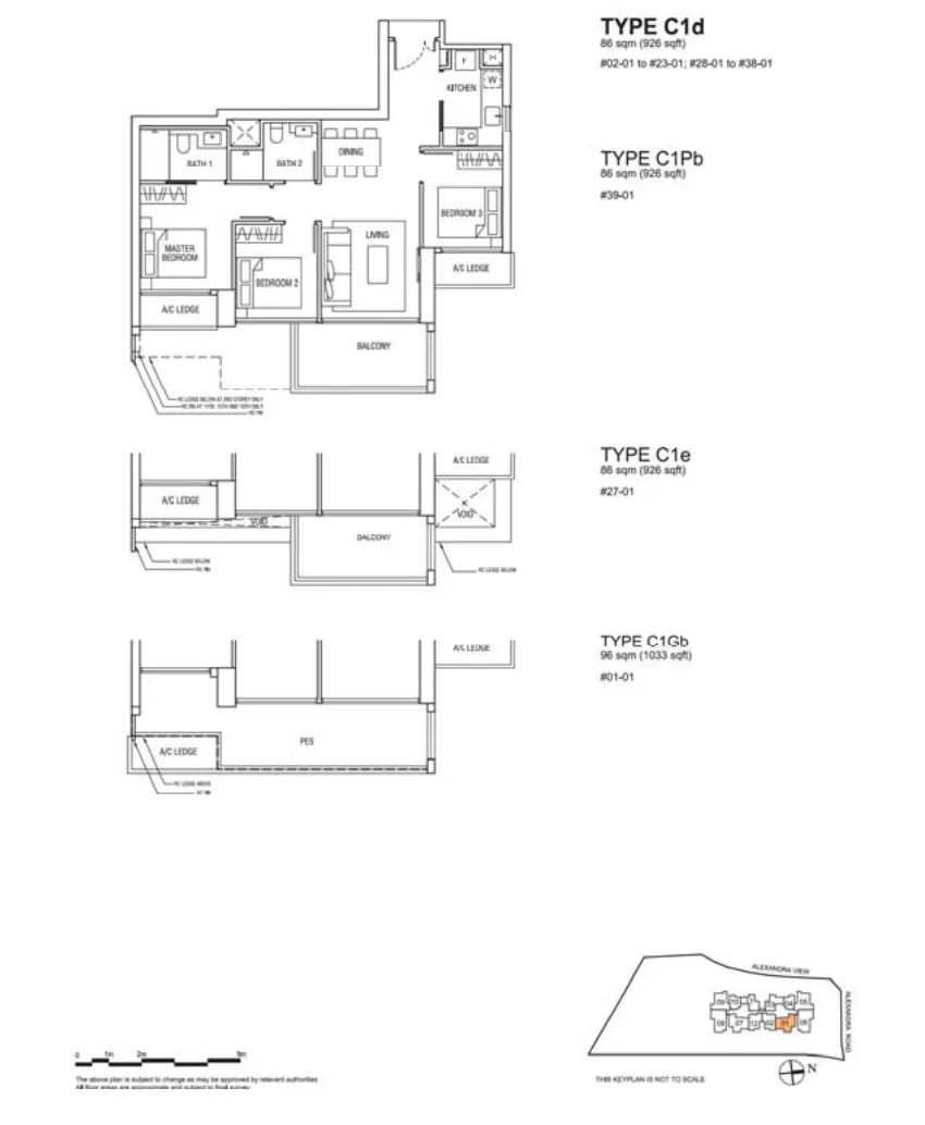 Alex Residences floor plan, type C1d-01: 3-Bedroom, 926 sq ft