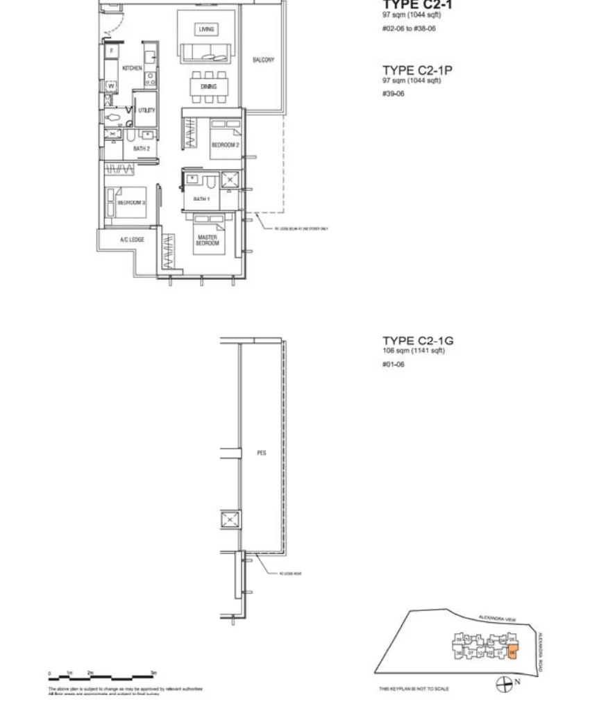 Alex Residences floor plan, type C2-1-06: 3-Bedroom, 1,044 sq ft