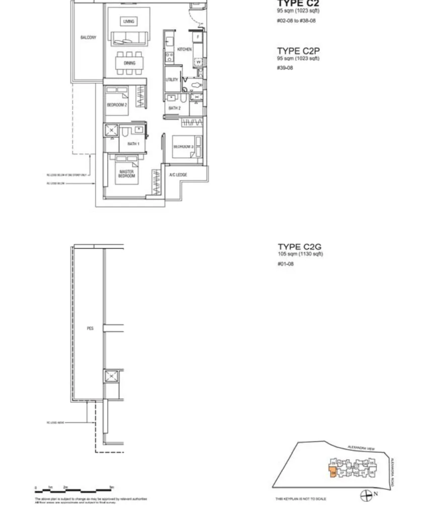 Alex Residences floor plan, type C2-08: 3-Bedroom, 1,023 sq ft