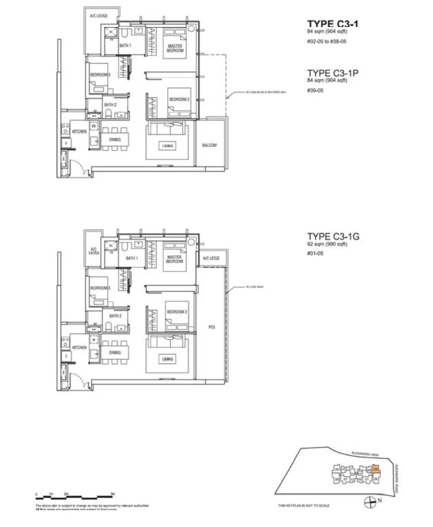 Alex Residences floor plan, type C3-1-05: 3-Bedroom, 904 sq ft
