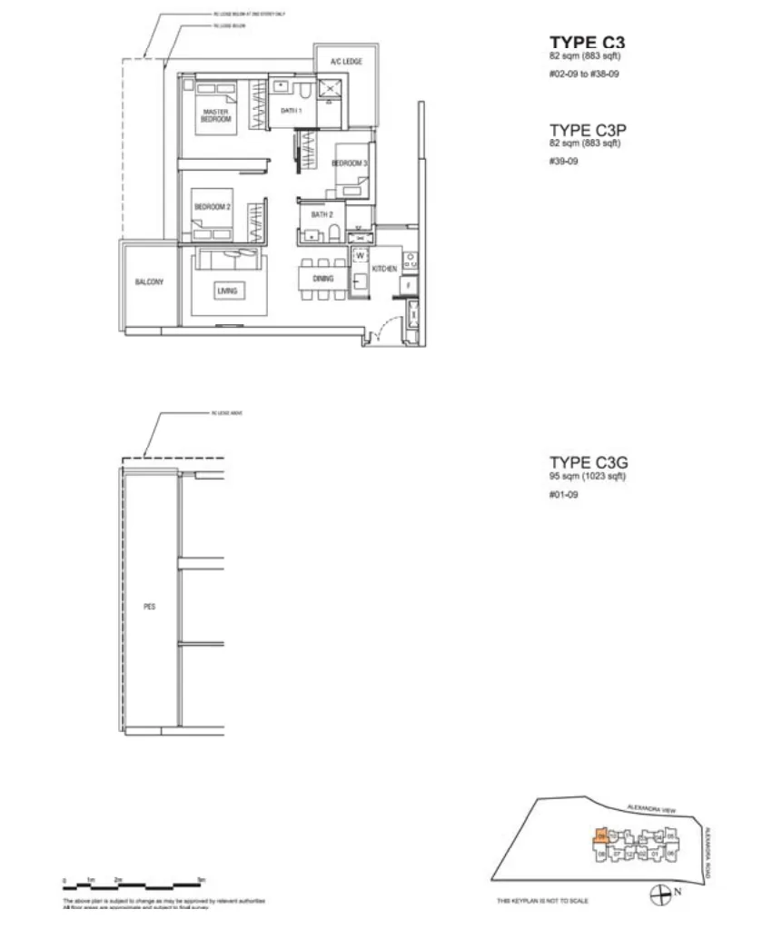 Alex Residences floor plan, type C3-09: 3-Bedroom, 883 sq ft