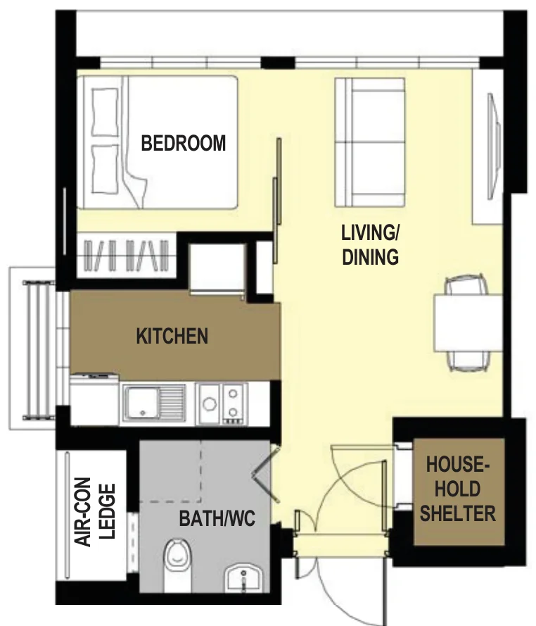 Alkaff CourtView floor plan, type 2F1: 2-room Flexi, 38 sqm, 409 sq ft