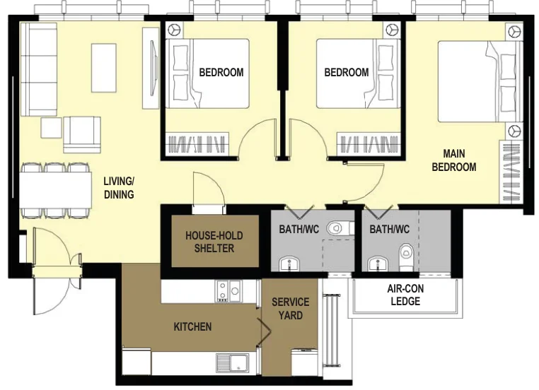 Alkaff LakeView floor plan, type 4R-A: 4-room, 93 sqm, 1,001 sq ft